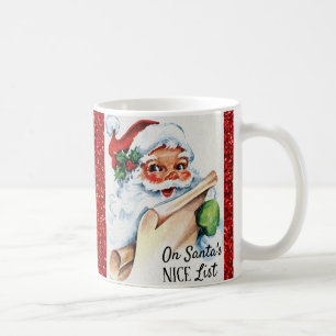 Christmas Vintage Santa Nice List Red Glitter Coffee Mug