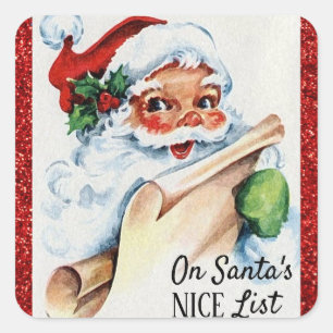 Christmas Vintage Santa Nice List Red Glitter Square Sticker