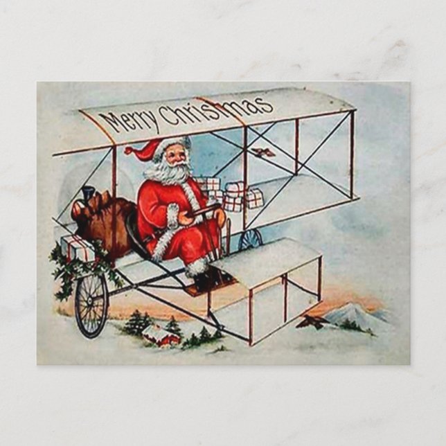 Christmas Vintage Santa on aeroplane Holiday Postcard (Front)