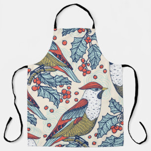 Christmas vintage seamless pattern with waxwings a apron