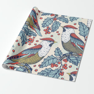 Christmas vintage seamless pattern with waxwings a wrapping paper