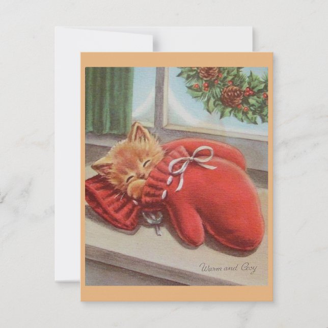 Christmas Vintage Sleeping Kitten In Mitten Holiday Card (Front)