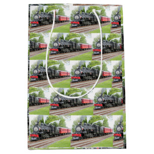 Christmas Vintage Steam Engine Train Red Pattern Medium Gift Bag