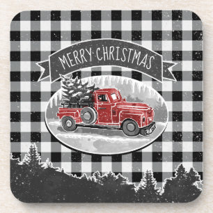 Christmas Vintage Truck Black Buffalo Plaid Name Coaster