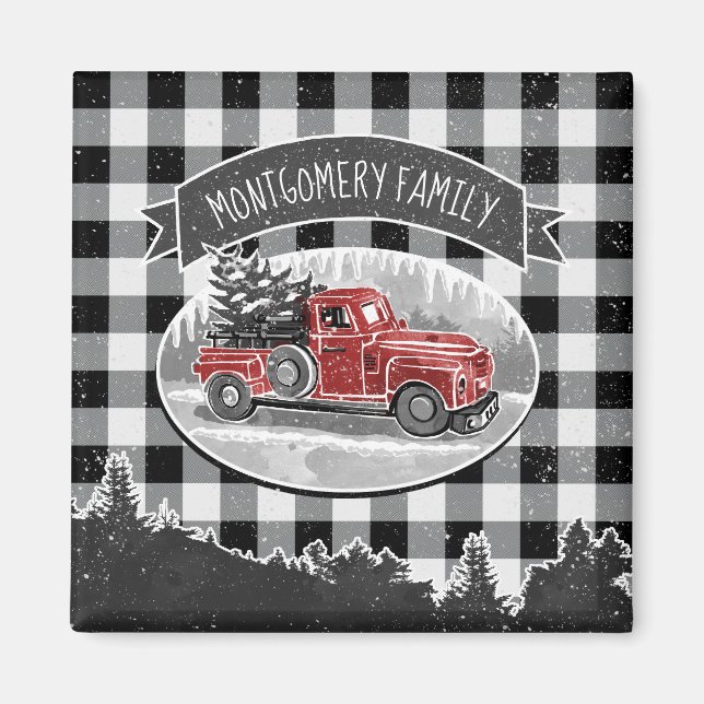 Christmas Vintage Truck Black Buffalo Plaid Name Magnet (Front)