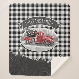 Christmas Vintage Truck Black Buffalo Plaid Name Sherpa Blanket