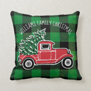 Christmas Vintage Truck Family Name Buffalo Plaid Cushion