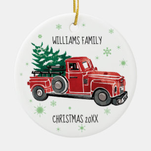 Christmas Vintage Truck w/ Snowflakes Family Name Ceramic Tree Decoration