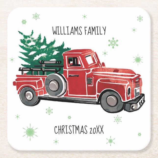Christmas Vintage Truck w/ Snowflakes Square Paper Coaster (Front)