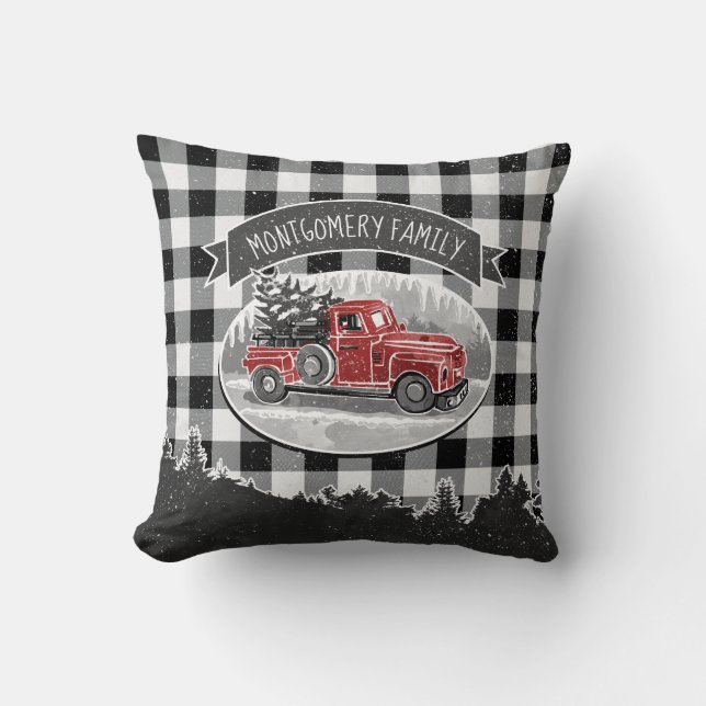Christmas Vintage Truck White Black Buffalo Check Cushion (Front)