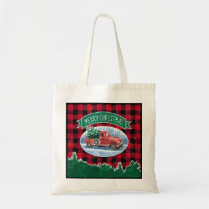Christmas Vintage Truck with Tree Monogrammed Tote Bag