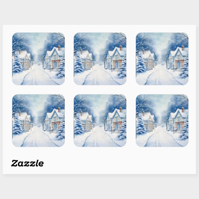 Christmas Vintage Village Blue Scene Square Sticker (Sheet)