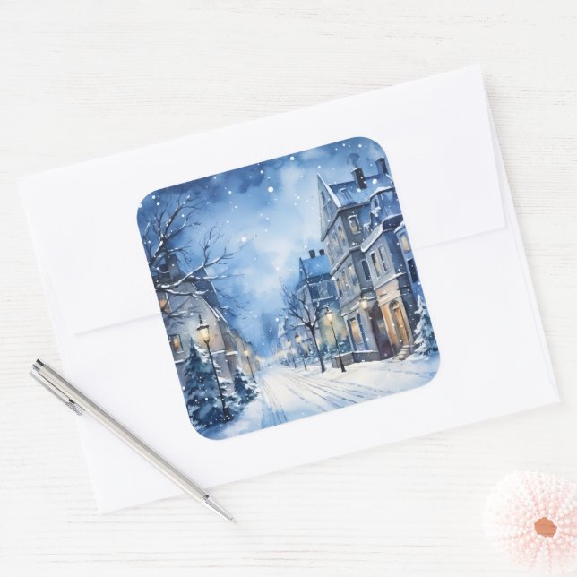 Christmas Vintage Village Scene Blue Square Sticker (Envelope)