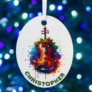 Christmas Violin Fiddle Custom Name Metal Tree Decoration