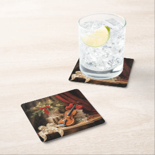 Christmas Violin Music Square Paper Coaster