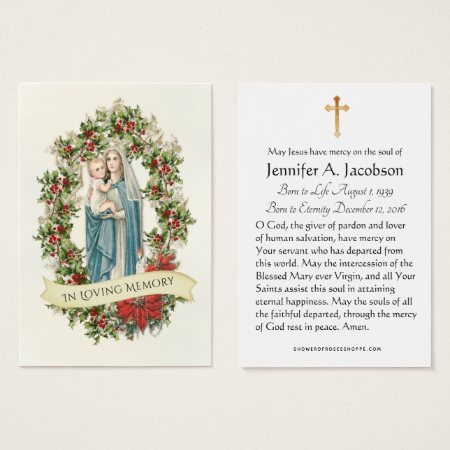 Christmas Virgin Mary  Funeral Memorial Holy Card (Front & Back)