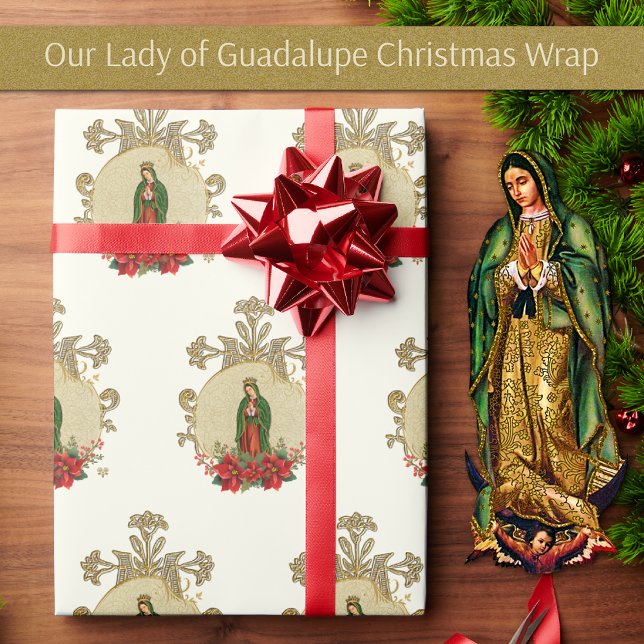Christmas Virgin Mary Guadalupe  Wrapping Paper (Our Lady of Guadalupe Christmas Wrapping Paper with poinsettias)