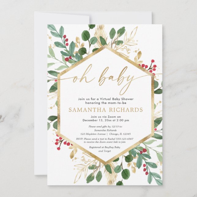 Christmas Virtual Baby Shower gold red holly berry Invitation (Front)