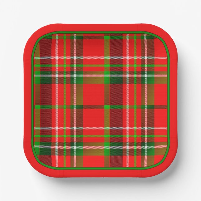 Christmas Vivid Red Green Geometric Tartan Pattern Paper Plate (Front)