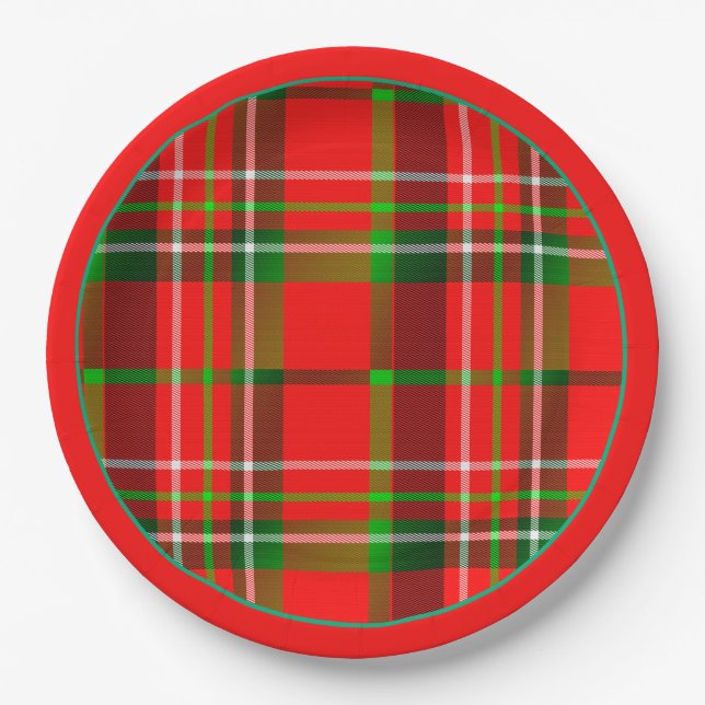 Christmas Vivid Red Green Geometric Tartan Pattern Paper Plate (Front)