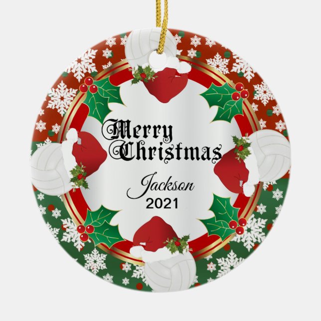 Christmas Volleyball Design Ceramic Tree Decoration (Front)
