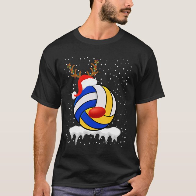 Christmas Volleyball Santa Hat Reindeer Xmas Light T-Shirt (Front)