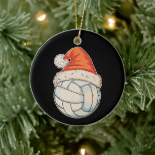 Christmas Volleyball Santa Hat Sports Xmas Holiday Ceramic Tree Decoration