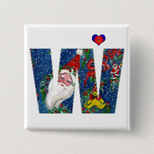 CHRISTMAS W LETTER / SANTA RED RIBBON MONOGRAM 15 CM SQUARE BADGE
