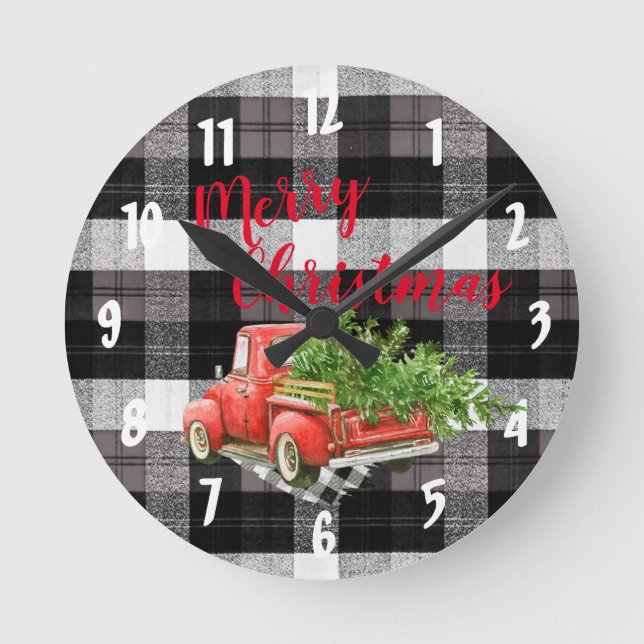 Christmas Wall Clock Red XMAS Truck Plaid (Front)