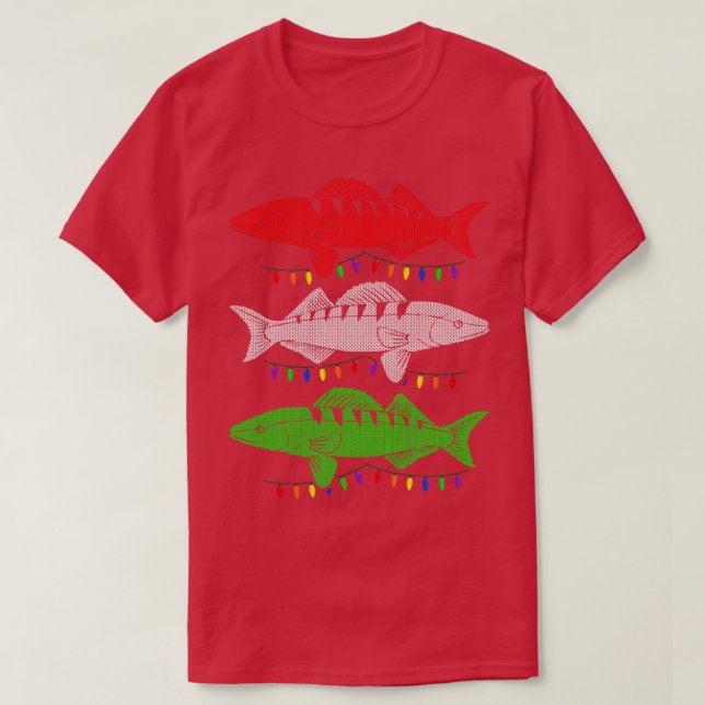 Christmas Walleye Fishing Holiday Christmas Lights T-Shirt (Design Front)