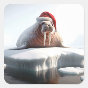 Christmas Walrus Wearing a Santa Hat Square Sticker