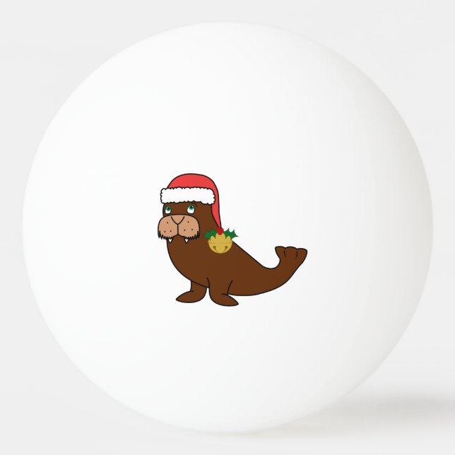 Christmas Walrus with Santa Hat & Gold Bell Ping Pong Ball (Front)