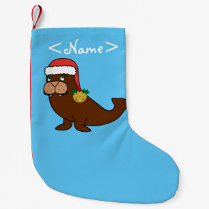 Christmas Walrus with Santa Hat & Gold Bell Small Christmas Stocking