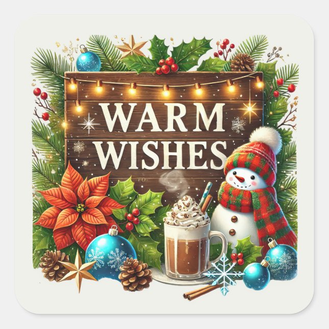Christmas warm wishes snowman square sticker (Front)
