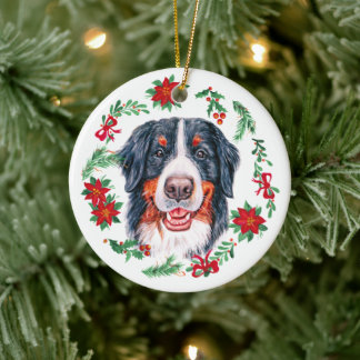 Christmas Watercolor Bernese Mountain dog Ceramic Tree Decoration