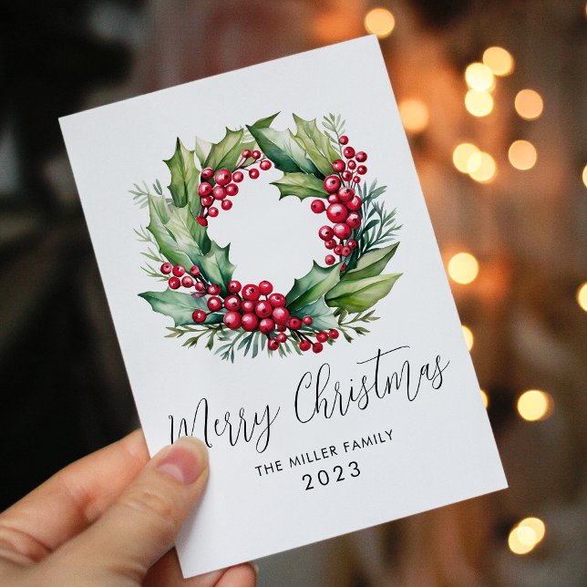 Christmas Watercolor Berries and Greenery Wreath Holiday Card (Creator Uploaded)