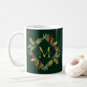 Christmas Watercolor Big Monogram Holly Wreath Coffee Mug