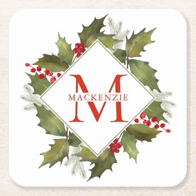 Christmas Watercolor Big Monogram Holly Wreath Square Paper Coaster (Front)