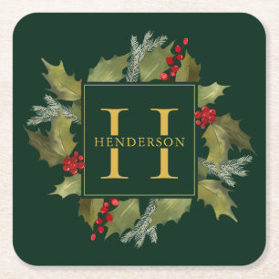 Christmas Watercolor Big Monogram Holly Wreath Square Paper Coaster