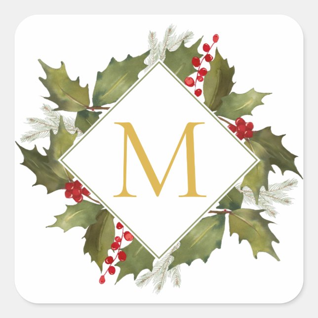 Christmas Watercolor Big Monogram Holly Wreath Square Sticker (Front)
