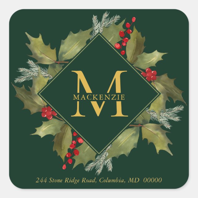 Christmas Watercolor Big Monogram Holly Wreath Square Sticker (Front)