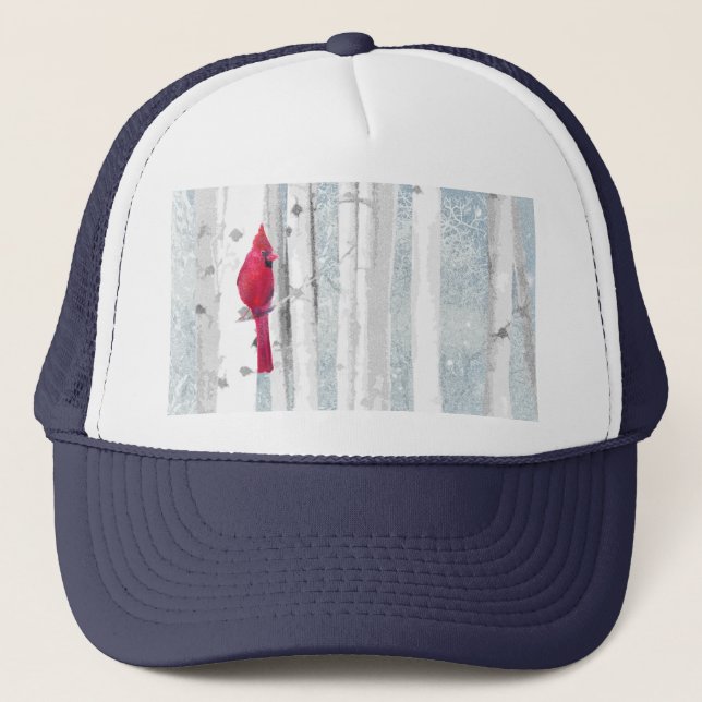 Christmas Watercolor Birch Trees Cardinal Red Bird Trucker Hat (Front)