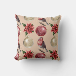 Christmas Watercolor Birds Baubles Pattern Cushion