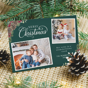 Christmas Watercolor Botanical 2 Photo Dark Green Holiday Card