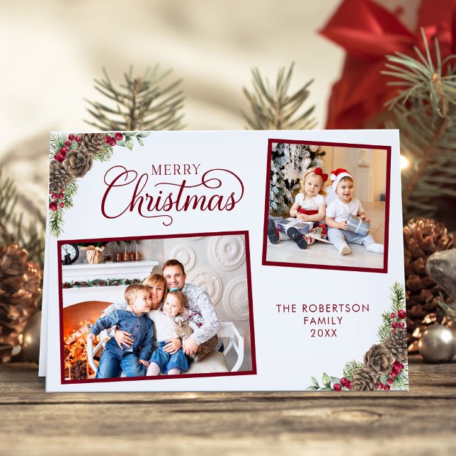 Christmas Watercolor Botanical 2 Photo Elegant Holiday Card (Creator Uploaded)