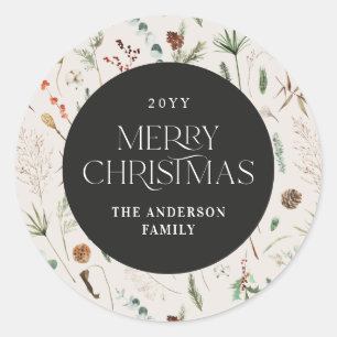 Christmas watercolor botanical floral black white classic round sticker