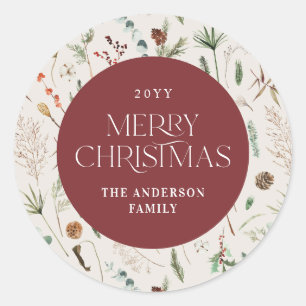 Christmas watercolor botanical floral burgundy classic round sticker