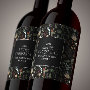 Christmas watercolor botanical floral dark moody w wine label
