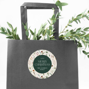 Christmas watercolor botanical floral green classic round sticker