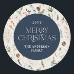 Christmas watercolor botanical floral navy blue classic round sticker<br><div class="desc">Christmas foliage watercolor botanical floral dark moody modern natural cream and navy blue holiday gift wrap sticker favour design.</div>
